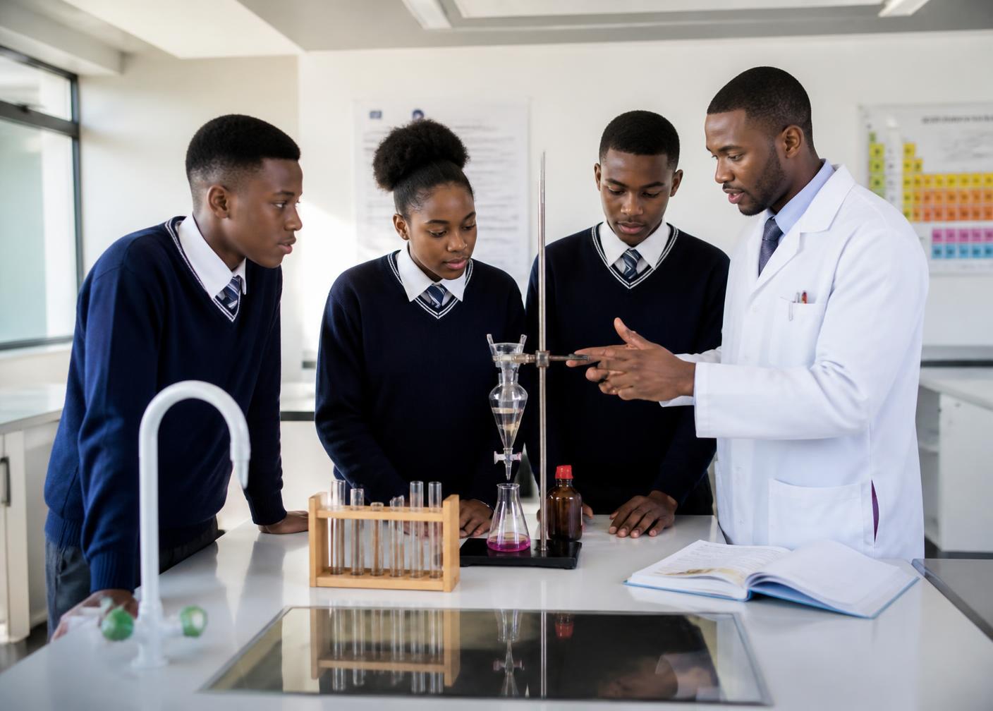 Students conducting an experiment in the Estaport science laboratory